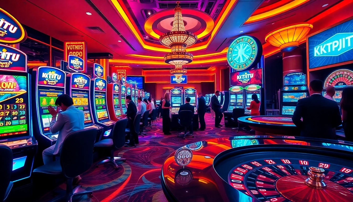 KTPJITU vibrant casino slot scene with players excitedly engaging in games and colorful machines