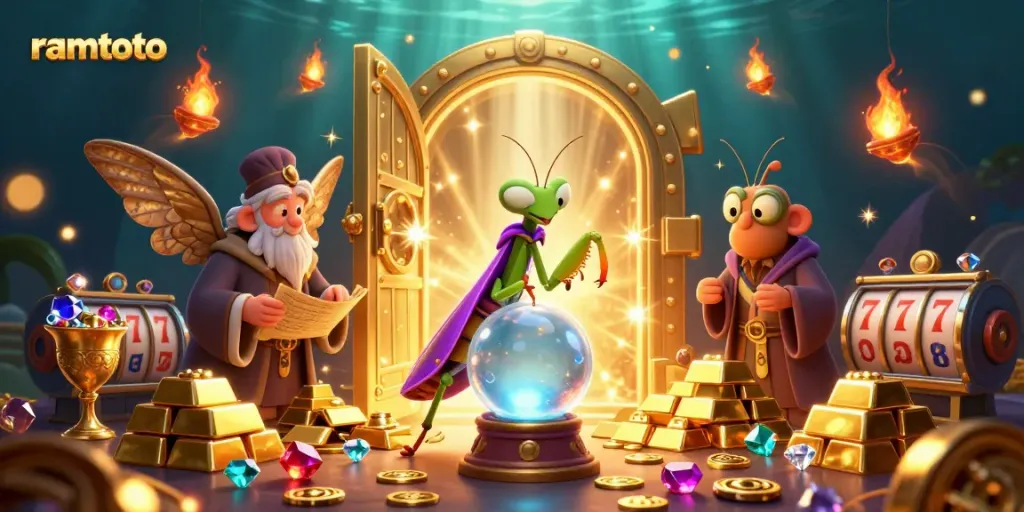Ramtoto menghadirkan ilustrasi 3D mantis sebagai peramal dengan bola kristal, dikelilingi dunia kasino.