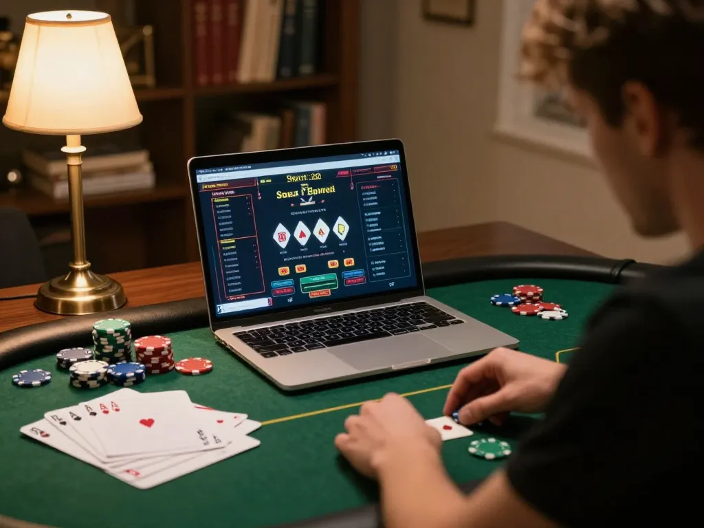 Engaging online poker gameplay on janadenole with focused player and laptop display