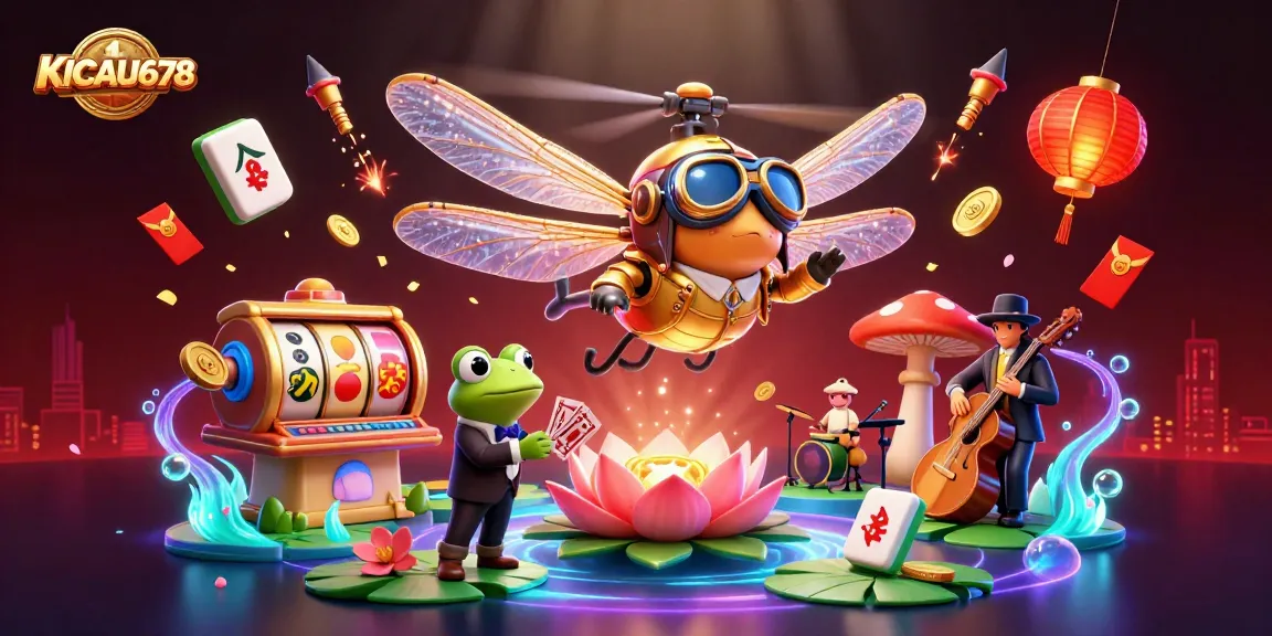 KICAU678 showcases vibrant casino action with a dragonfly pilot and frog croupier amidst dynamic slots, cards, and colorful decorations.
