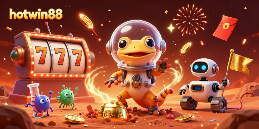 Experience high-energy slot gaming with hotwin88 as a cartoon Martian gecko and robot uncover a golden casino.