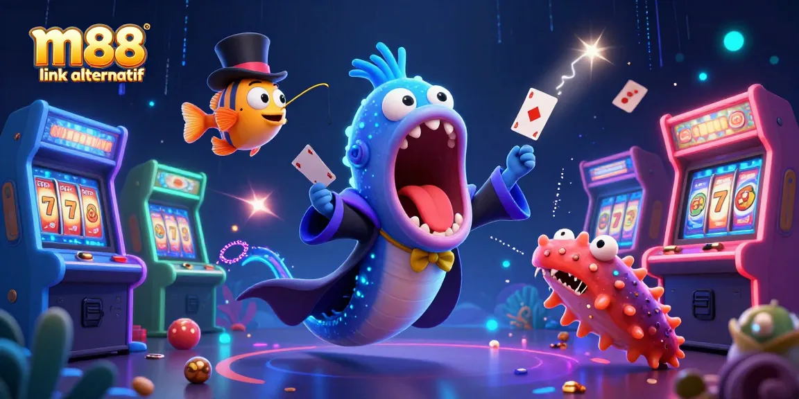 Experience the thrill of m88 link alternatif with a vibrant 3D casino scene featuring animated characters and gaming elements.
