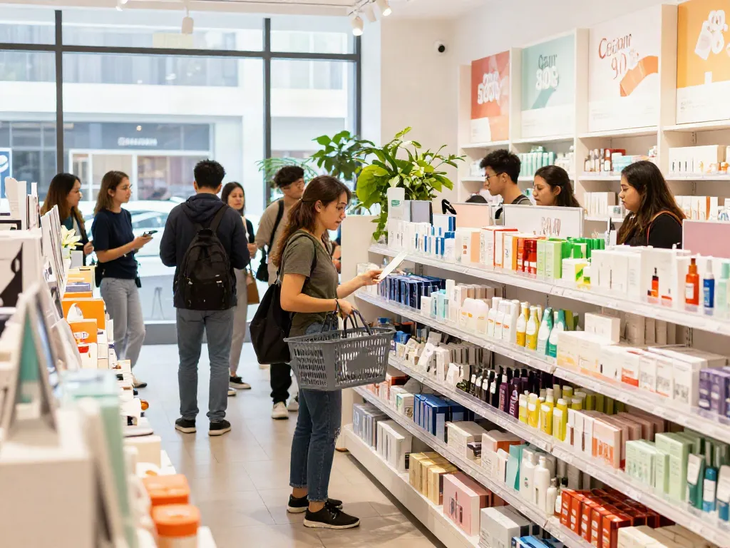 Customers engaging with various Produk in a vibrant retail store environment.