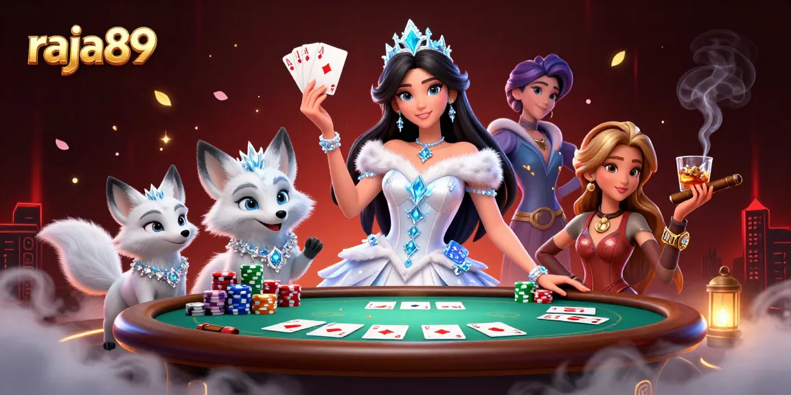 Engage with raja89 by placing your bets at the vibrant poker table, surrounded by sparkling casino elements.