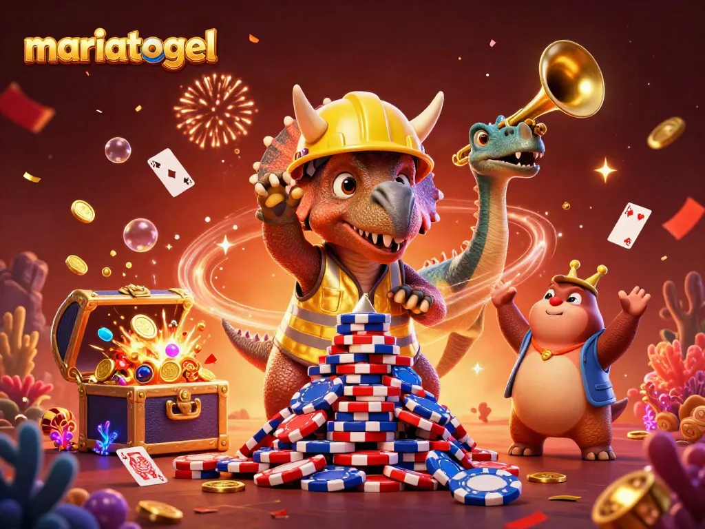 Mariatogel players celebrate winning with triceratops and parasaurolophus in a vibrant casino scene filled with excitement.