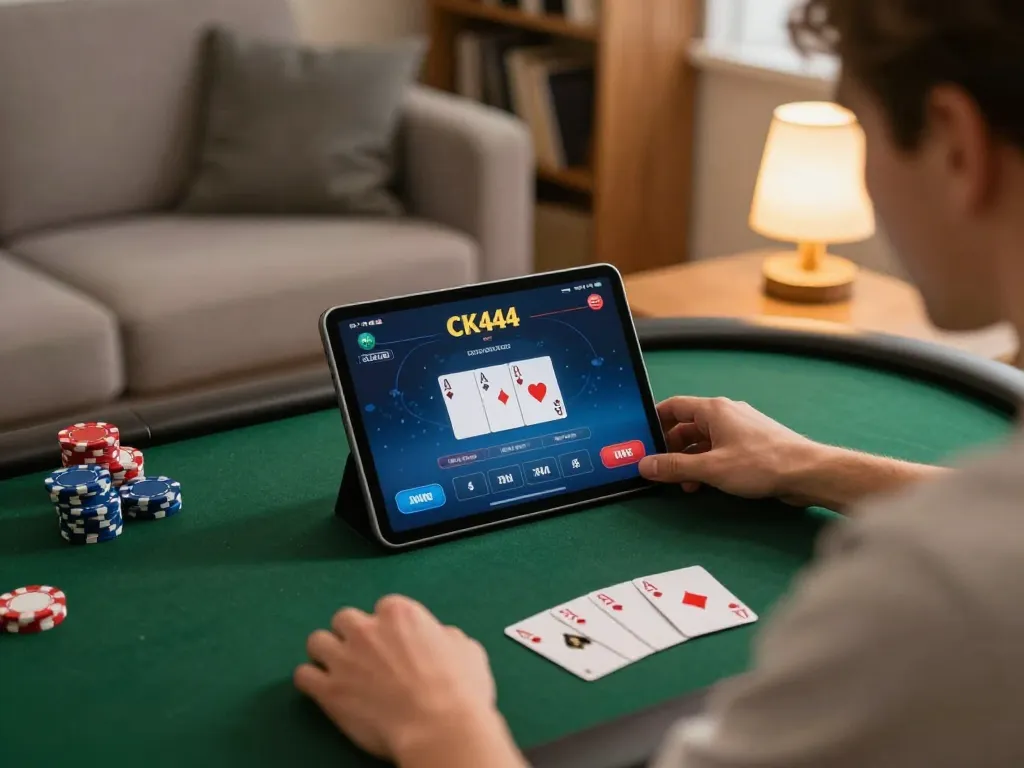 Player enjoying CK444 online poker game from home, focused on tablet screen with cards and chips