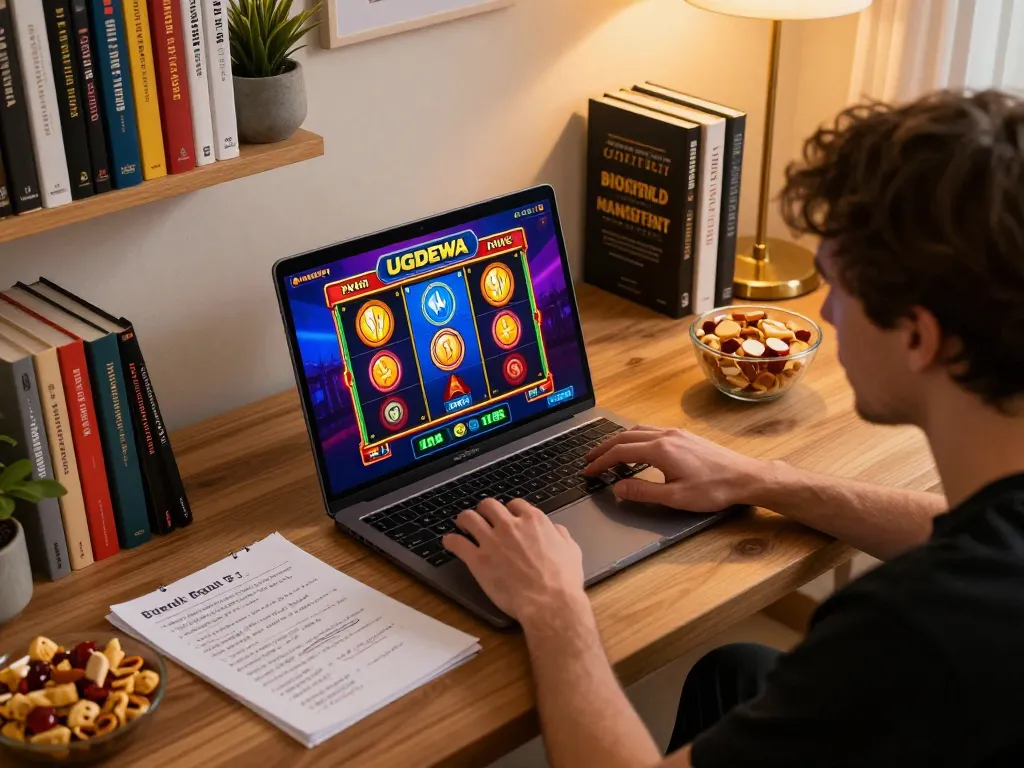 Player immersing in UGDEWA slot game, strategic notes visible around.