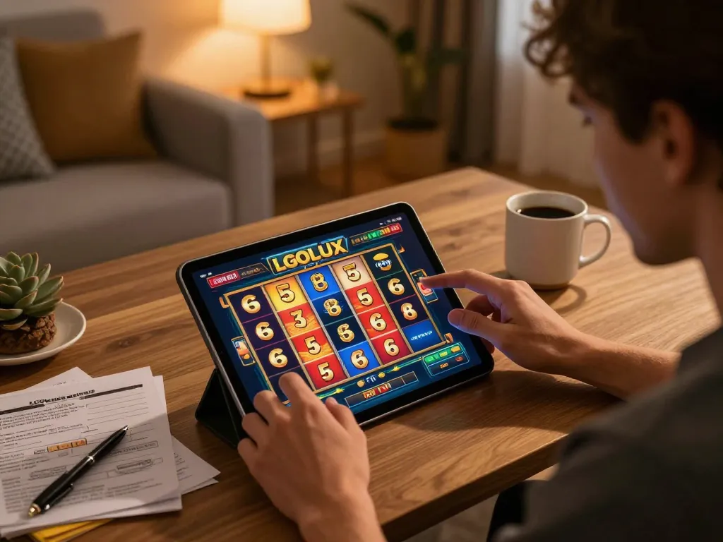 Engaging with LGOLUX slots at home, a player enjoys colorful reels and betting strategy on a tablet.