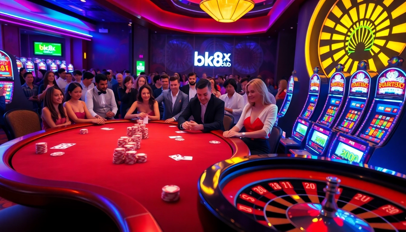Players enjoying games at bk8x club casino, featuring vibrant slot machines and a poker table.