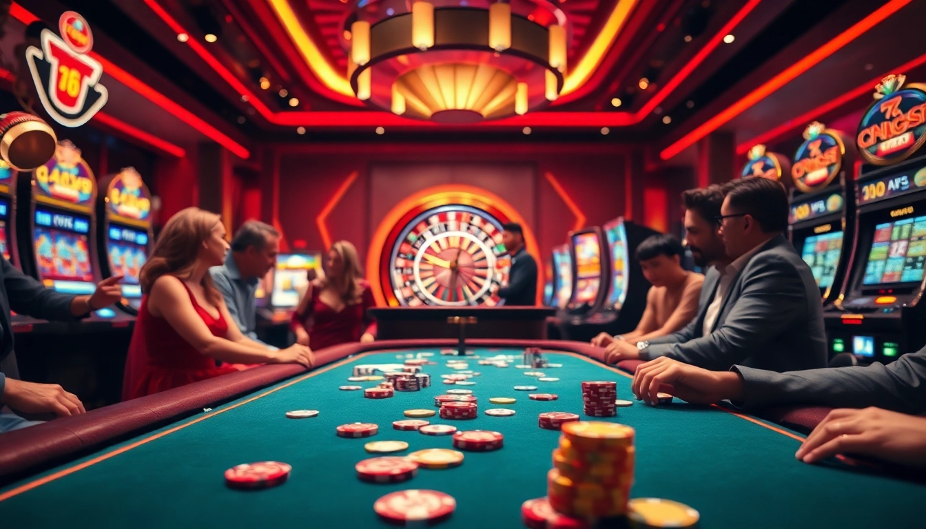 Players enjoying a vibrant casino atmosphere at https://78win.dental/, featuring poker chips and a roulette wheel.