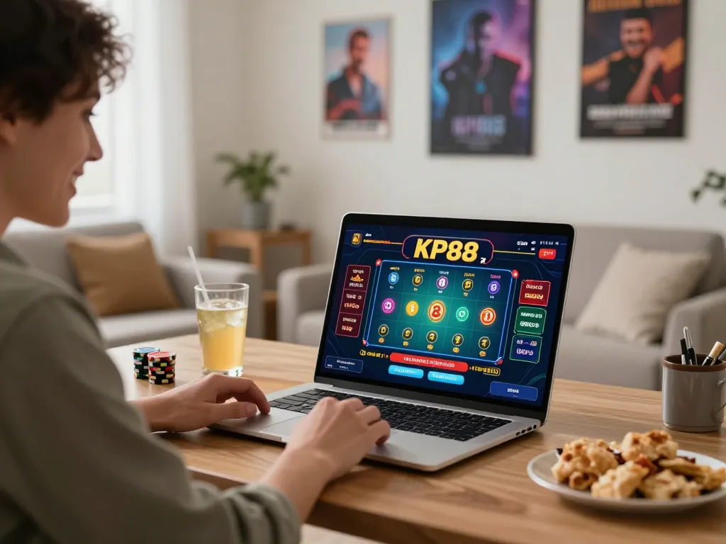 Engaging in exciting KP88 online gaming experience, player enjoying live casino from cozy home setup.