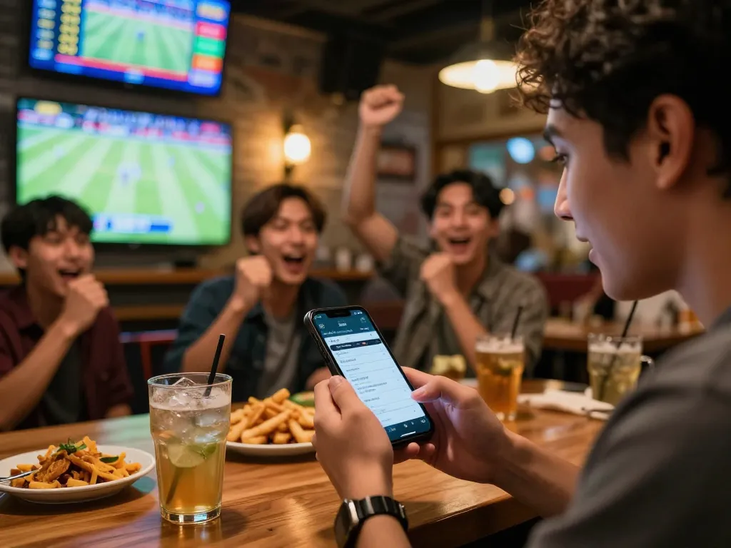 cheering friends engaging with keo nha cai betting app on smartphone during live sports event