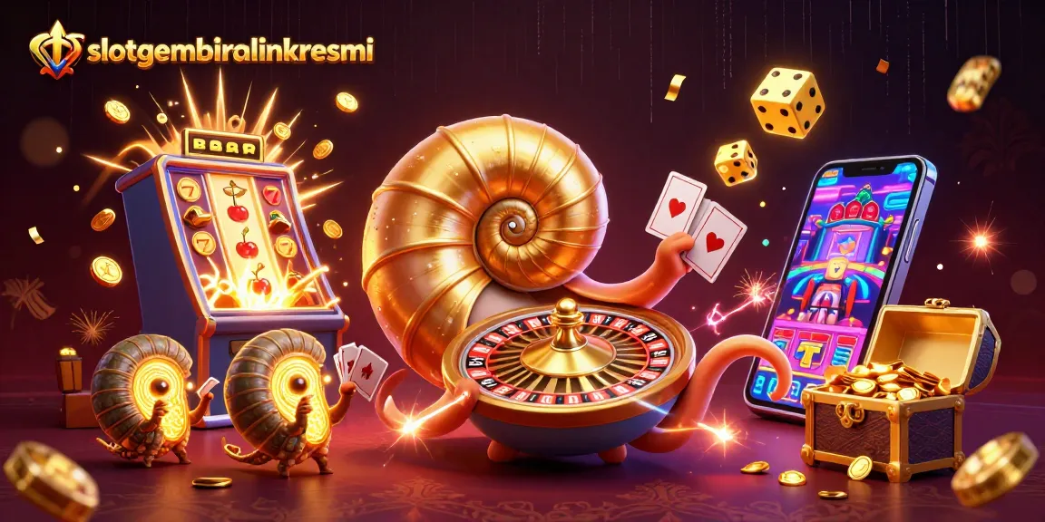 Slotgembiralinkresmi menghadirkan ilustrasi kasino 3D dengan nautilus emas dan elemen permainan yang berkilauan.