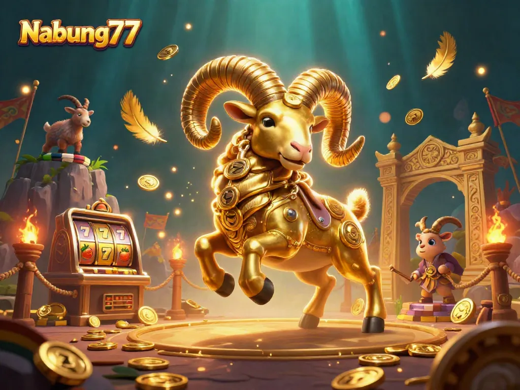 Nabung77 menampilkan gambar slot online yang seru dengan karakter domba emas dan simbol kemenangan