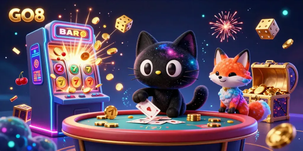 Experience thrilling wins at GO8 with a captivating cosmic casino themed illustration.