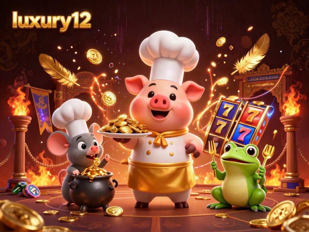 Experience luxury12 with a vibrant casino scene featuring a chef pig serving gold coins, slot elements, and atmospheric effects.