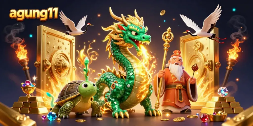 Experience fortune with agung11, showcasing a jade dragon, turtle sage, and lucky cranes in a wealth-filled scene.