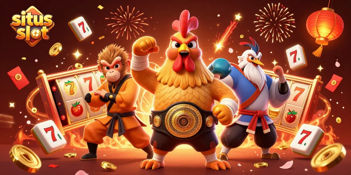 Taruhan di situs slot dengan simbol keberuntungan dan karakter petarung unik.