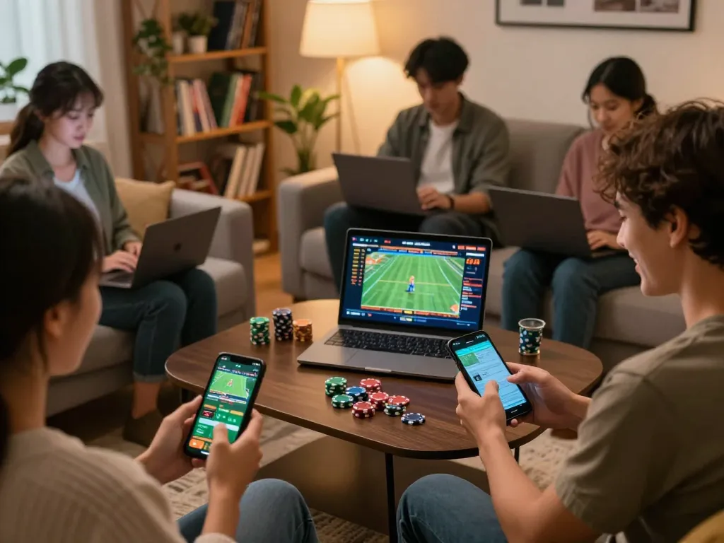 Players engaging in mobile gambling activities at home, focusing on the uu88 betting interface for strategic play.