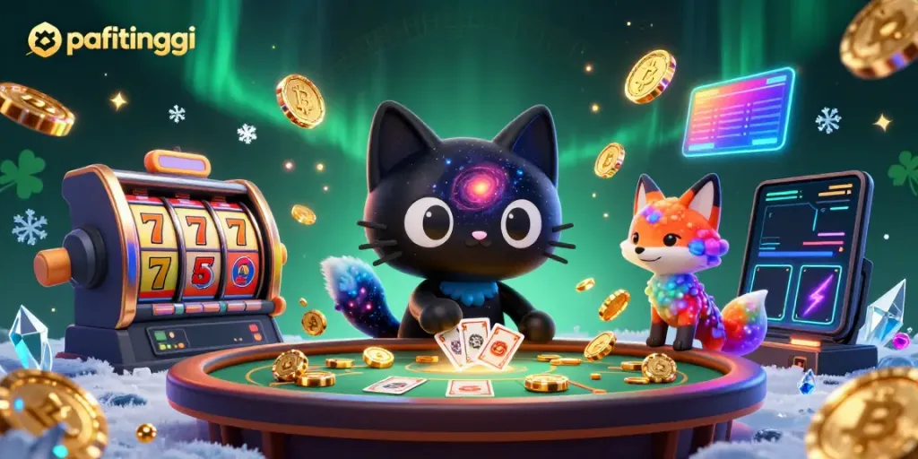 Pafitinggi slot online menarik dengan karakter kucing hitam 3D dan teman rubah, dikelilingi oleh koin Bitcoin.