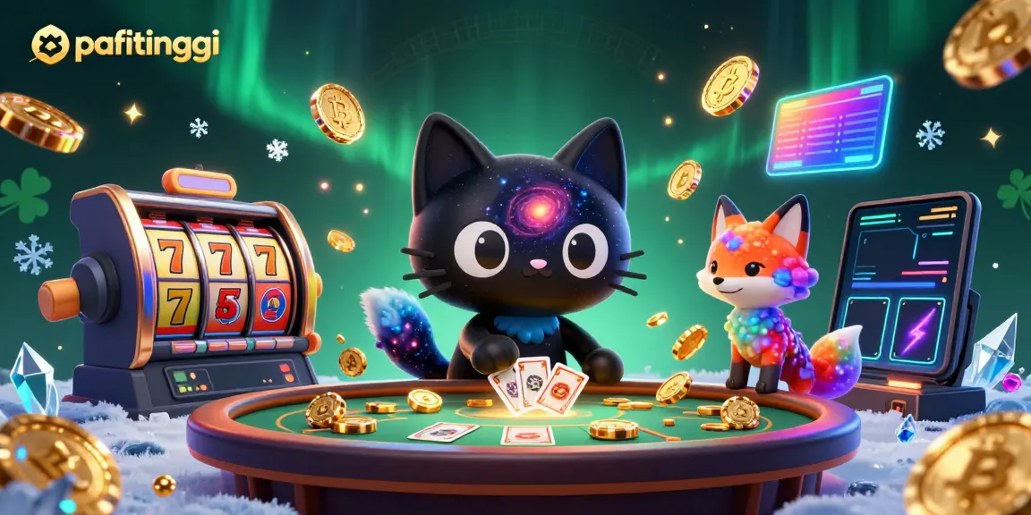 Pafitinggi slot online menarik dengan karakter kucing hitam 3D dan teman rubah, dikelilingi oleh koin Bitcoin.