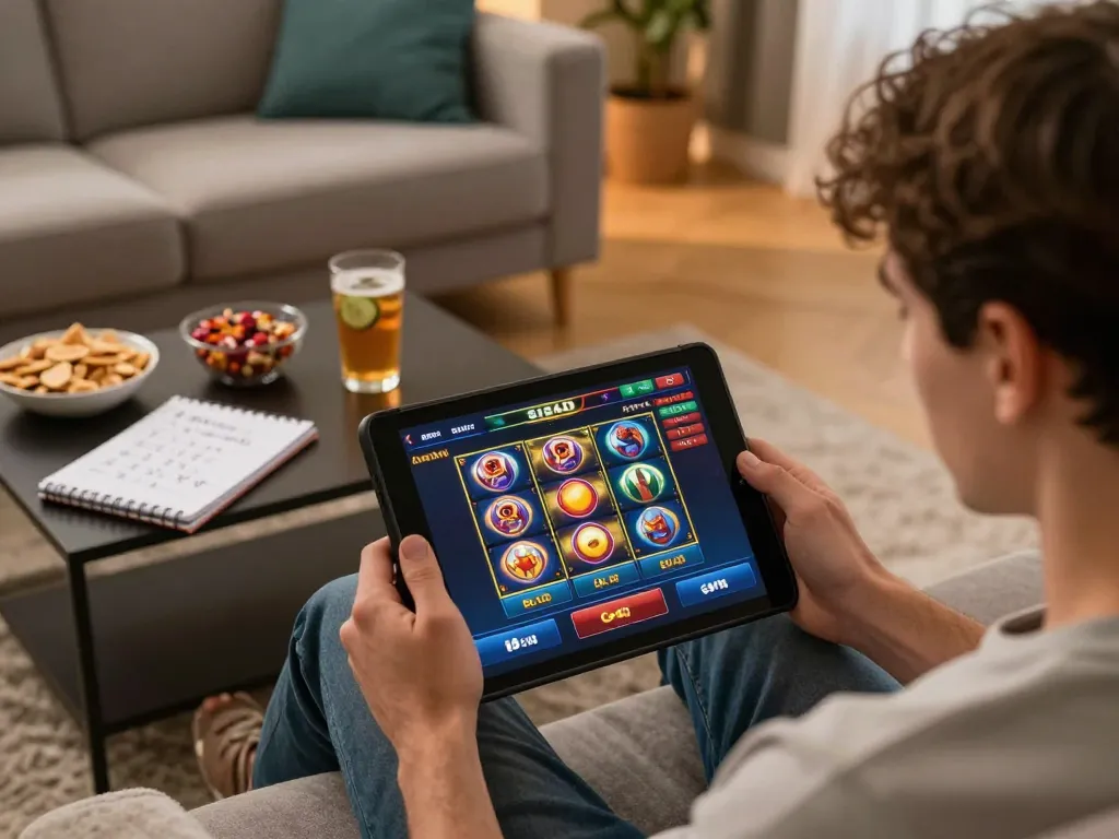 SIS4D player enjoying online slots in a cozy living room, showcasing strategic gameplay with vibrant graphics.