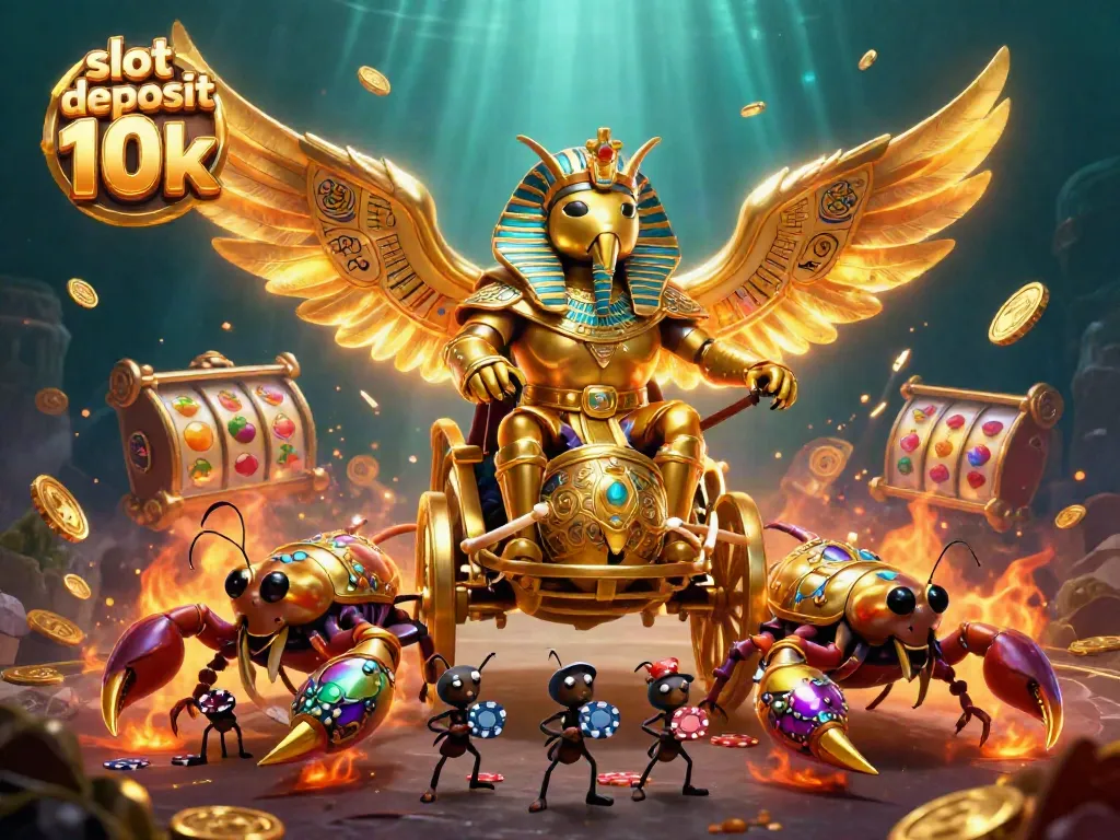 Slot deposit 10k meriah dengan ilustrasi karakter kolosal dan elemen slot dari SLOTMANTAP.