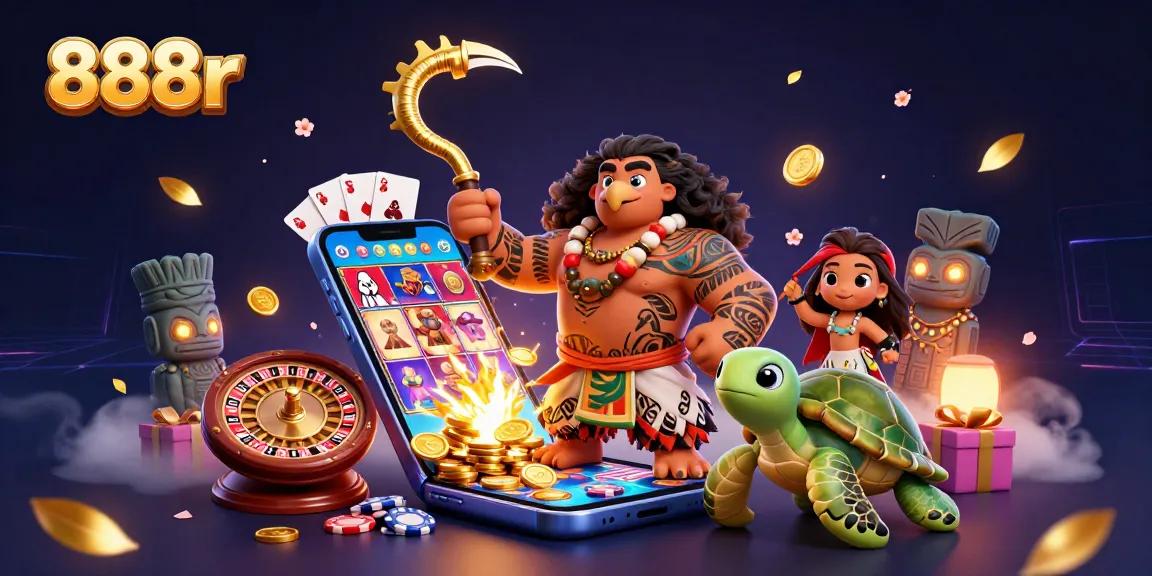 Play exciting slot games with 888r's vibrant illustration featuring fun characters and casino elements.