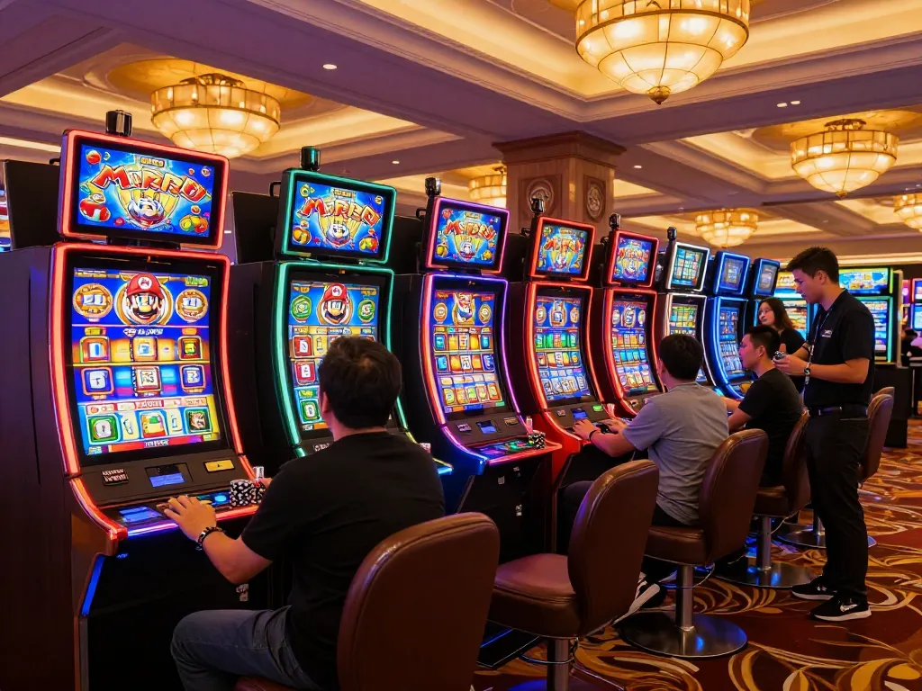 MPOID players enjoying vibrant slot machines in a luxurious casino atmosphere.