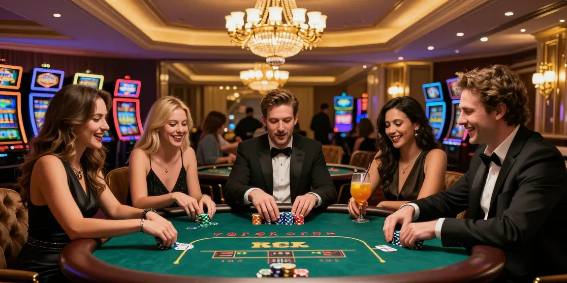 Suasana perjudian mewah di casino LUXURY777 dengan teman-teman menikmati permainan poker.