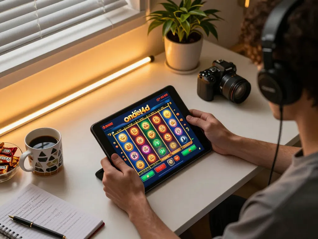 Engaging online gaming experience with the ondel4d slot game interface displayed on a tablet, surrounded by notes and snacks.