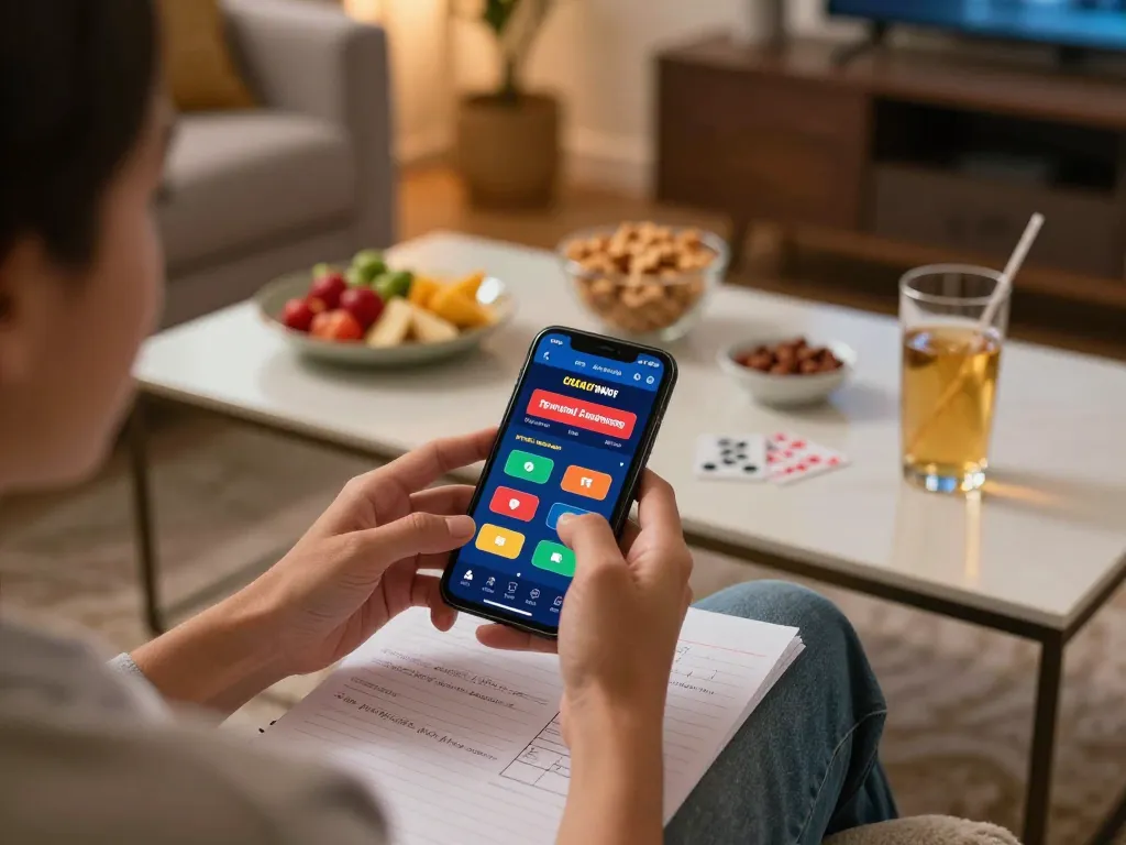 Pengguna mobile DASI4D terlibat dalam sesi taruhan strategis di rumah dengan camilan kasino yang berwarna-warni.