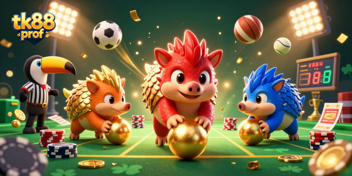 Experience thrilling gaming action at tk88 prof with competitive pangolins rolling through golden balls and poker chips.