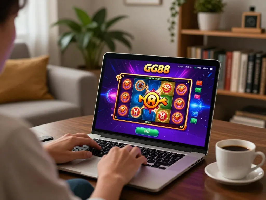 GG88 online gaming experience with vibrant slots on laptop in cozy home setting
