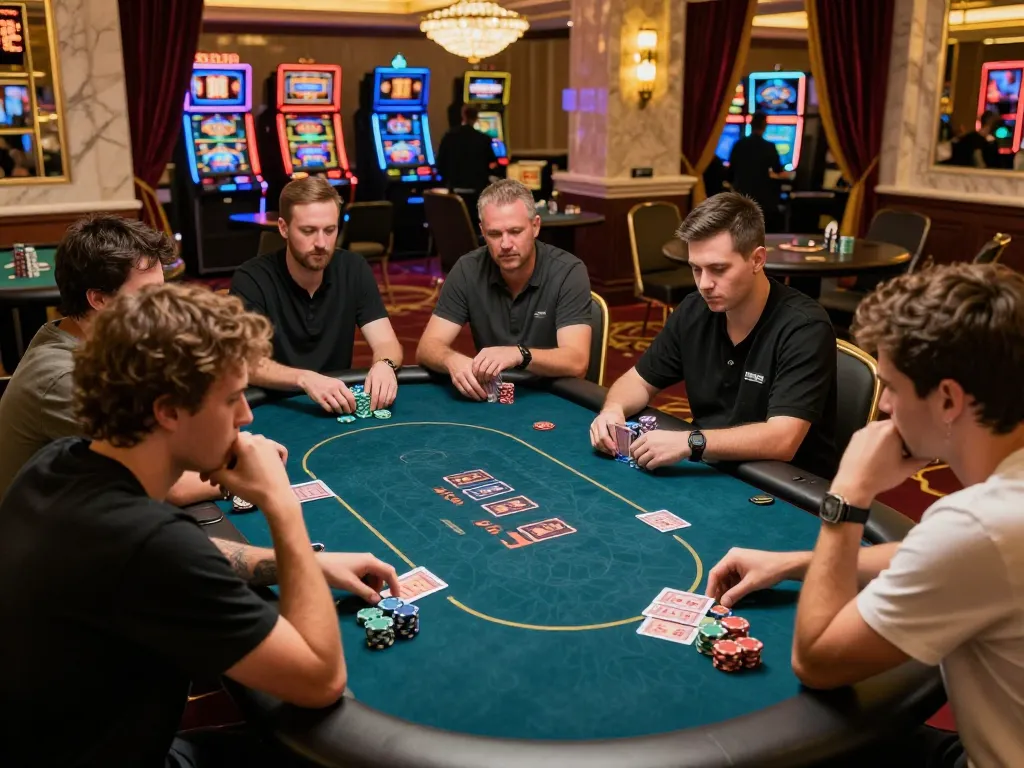 IDCASH88 players strategizing in an upscale poker game with vibrant casino ambiance