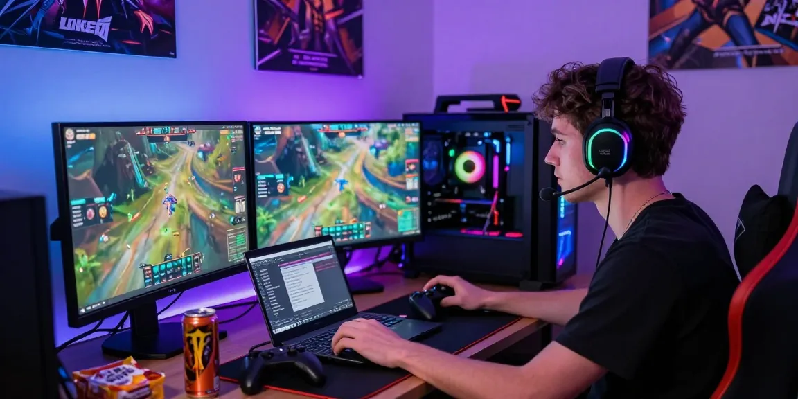 Seorang gamer terlibat dalam sesi permainan kediritoto dengan setup PC gaming dan cahaya LED yang cerah.