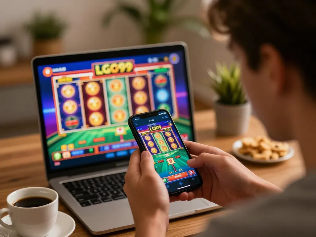 Pengguna LGO99 merencanakan strategi dengan permainan slot online di smartphone dalam suasana rumah yang nyaman