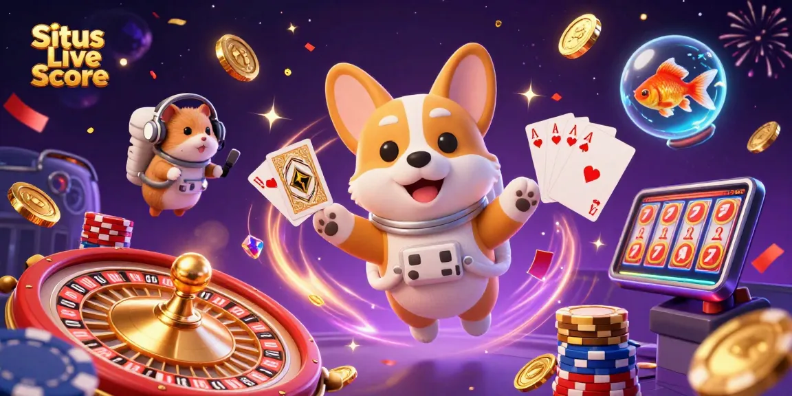 Situs Live Score showcases vibrant 3D casino scene with astronaut corgi and mission-control characters