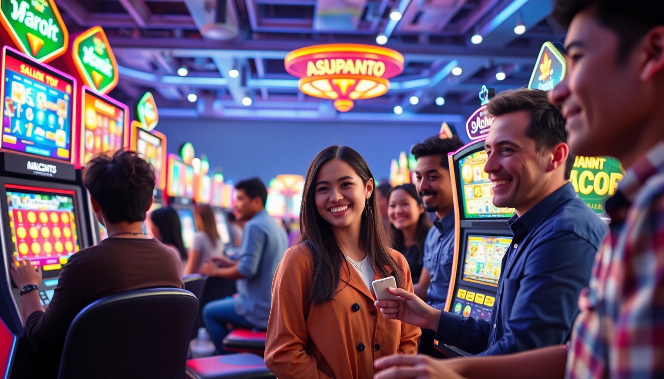 Asupantoto gaming scene showcasing diverse players enjoying online slots and lottery games.