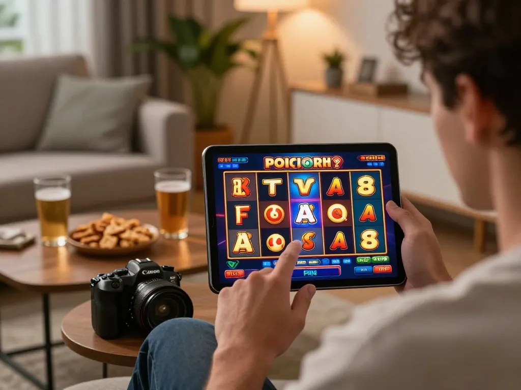 Pemain menikmati slot online di OKESLOT dengan grafik menarik di tablet dalam ruang tamu yang nyaman.
