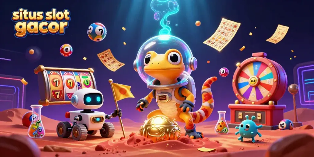 Explore situs slot gacor with a Martian gecko uncovering treasures in a fantasy 3D casino.