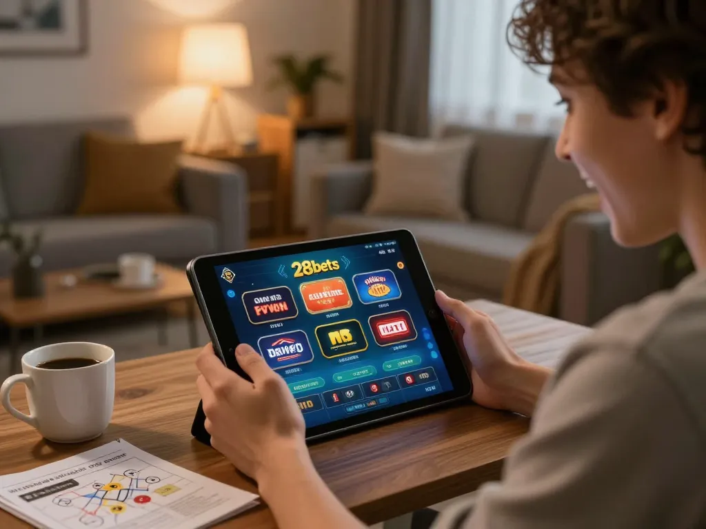 Player engaging with 28bets online casino app on tablet in cozy home setting