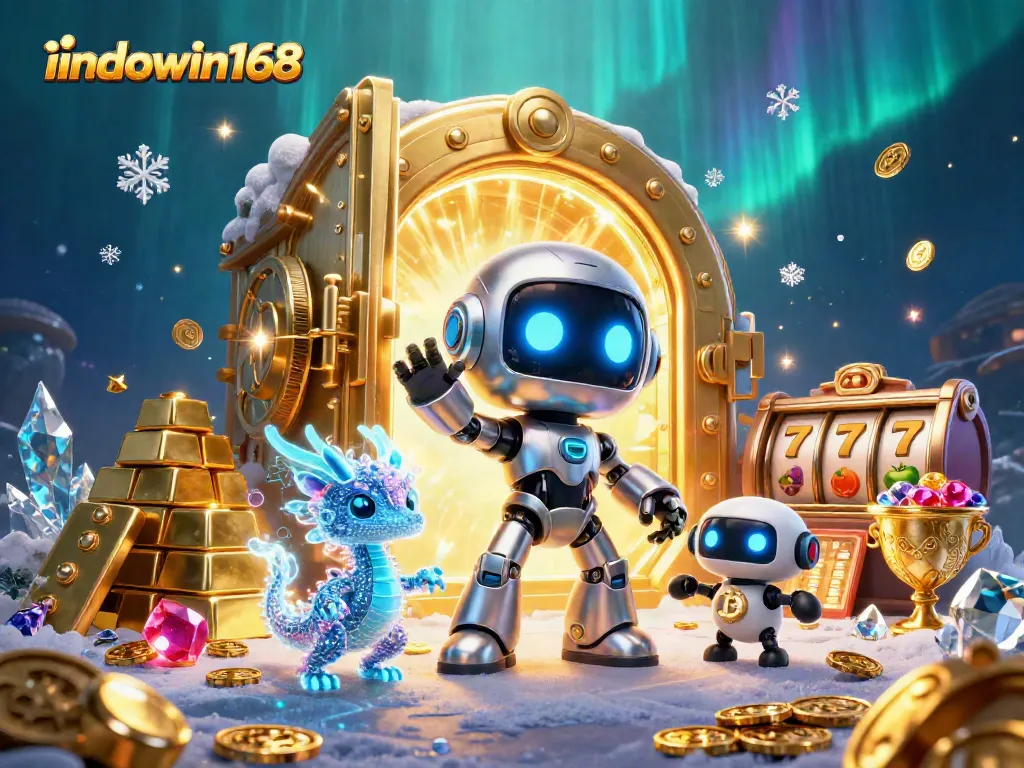 Engage with indowin168's thrilling casino action featuring a dynamic robot with a bitcoin drone, rich in gold and gems.