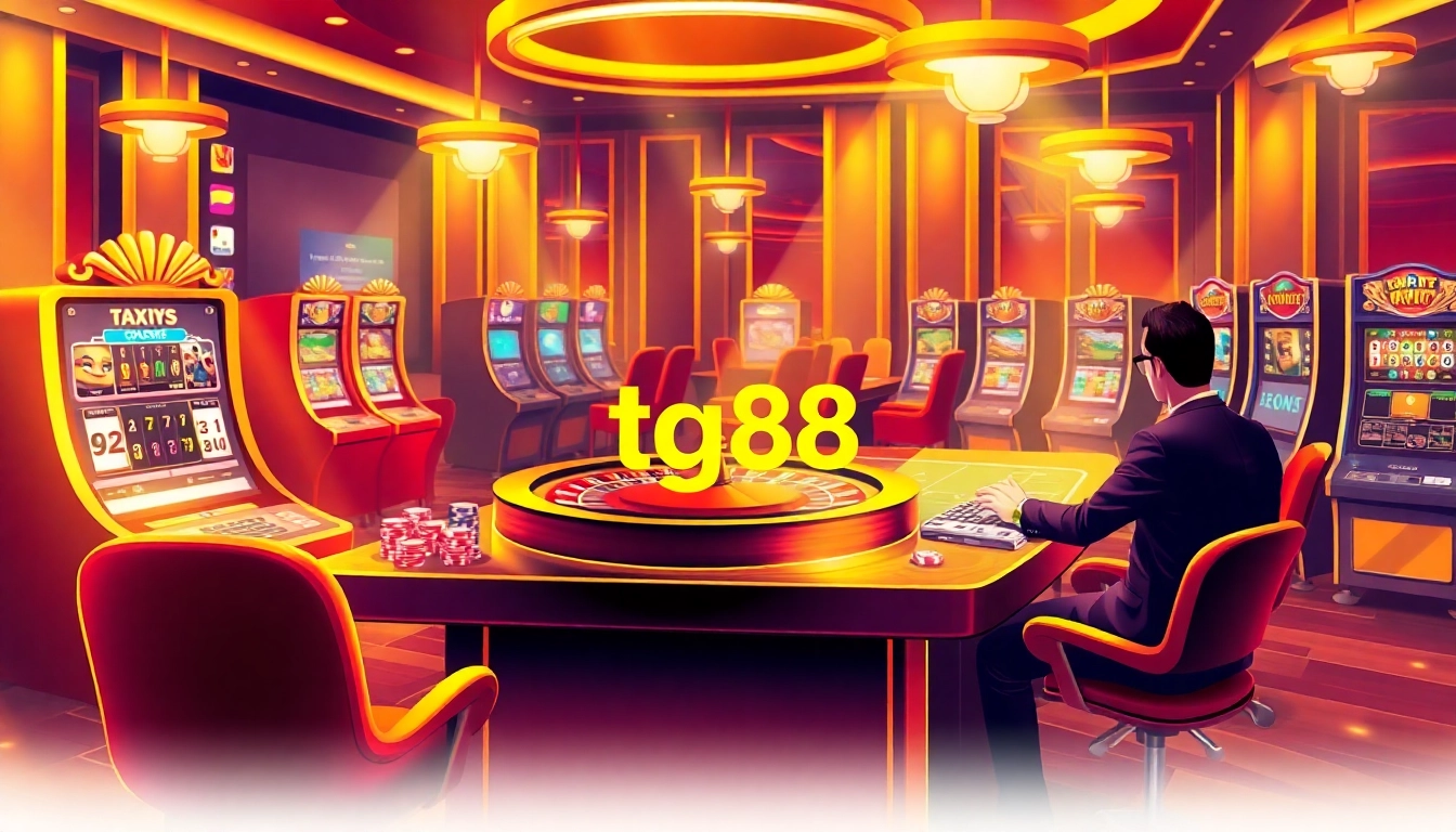 Engaging online gambling scene featuring tg88 link with vibrant slot machines and roulette wheel.