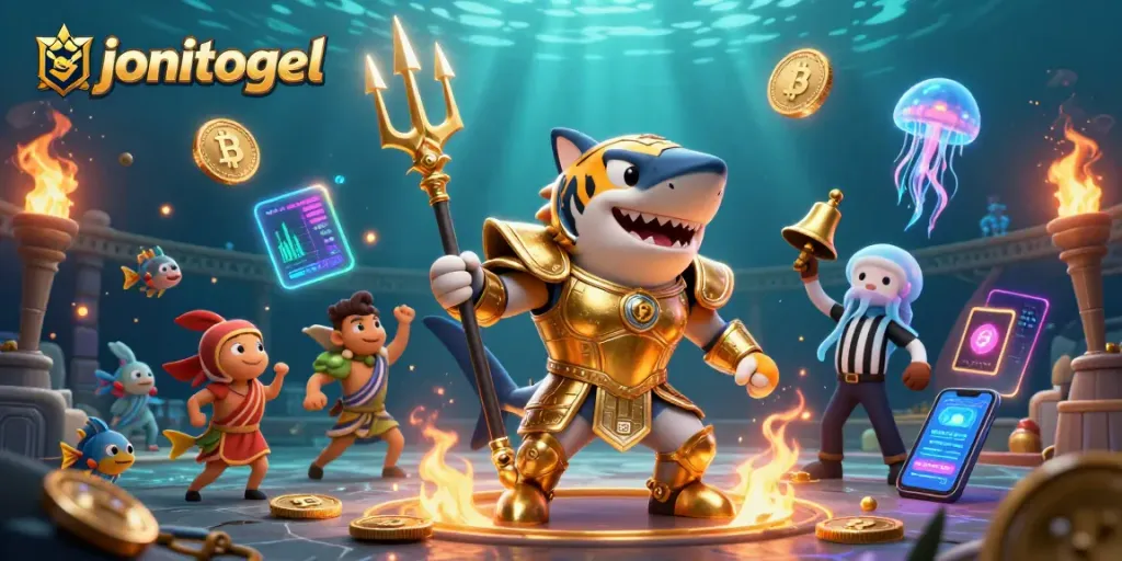 Engage with jonitogel's dynamic gambling scene featuring a tiger shark in gladiator armor amid crypto elements.