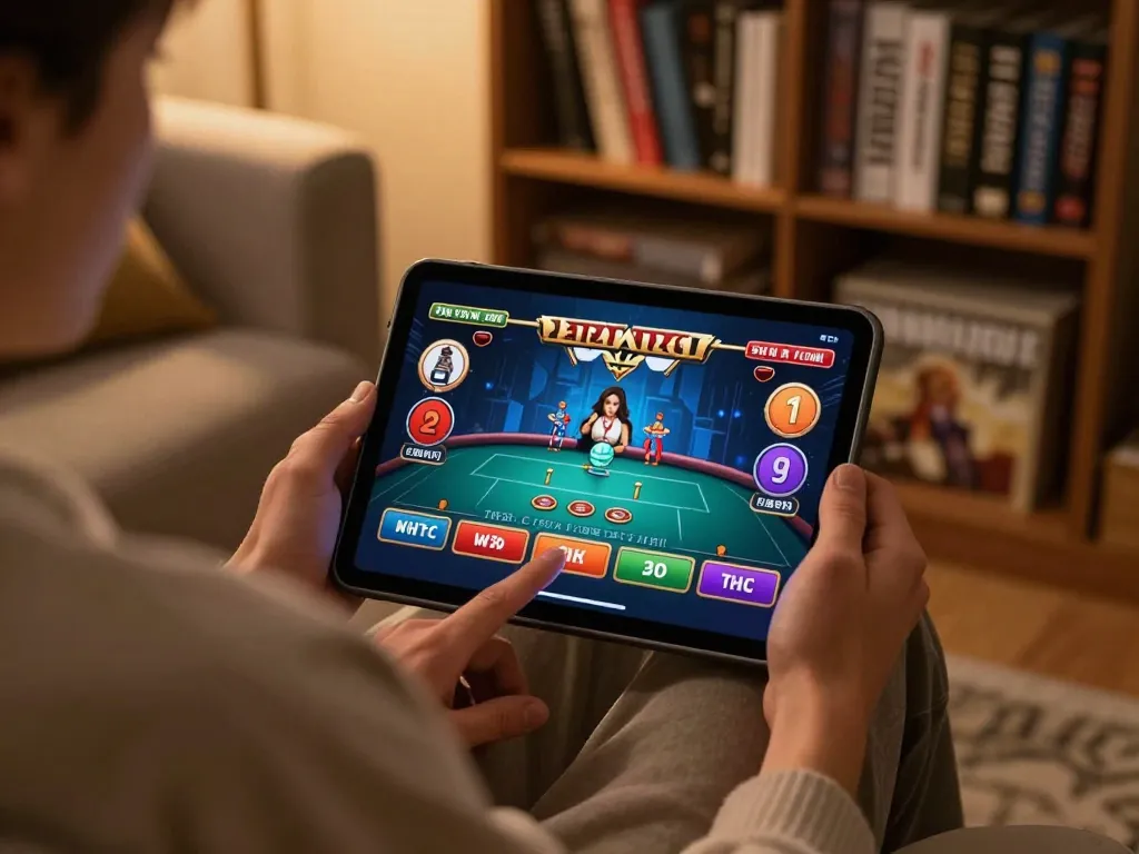 Engaged player enjoying f168 vip live dealer game on a tablet in a cozy home environment