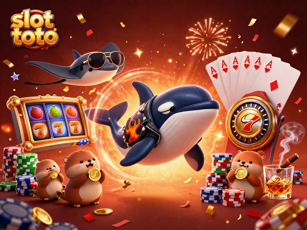 Menggairahkan permainan slot toto dengan seekor paus orca dan keluarga berang-berang membawa koin emas.