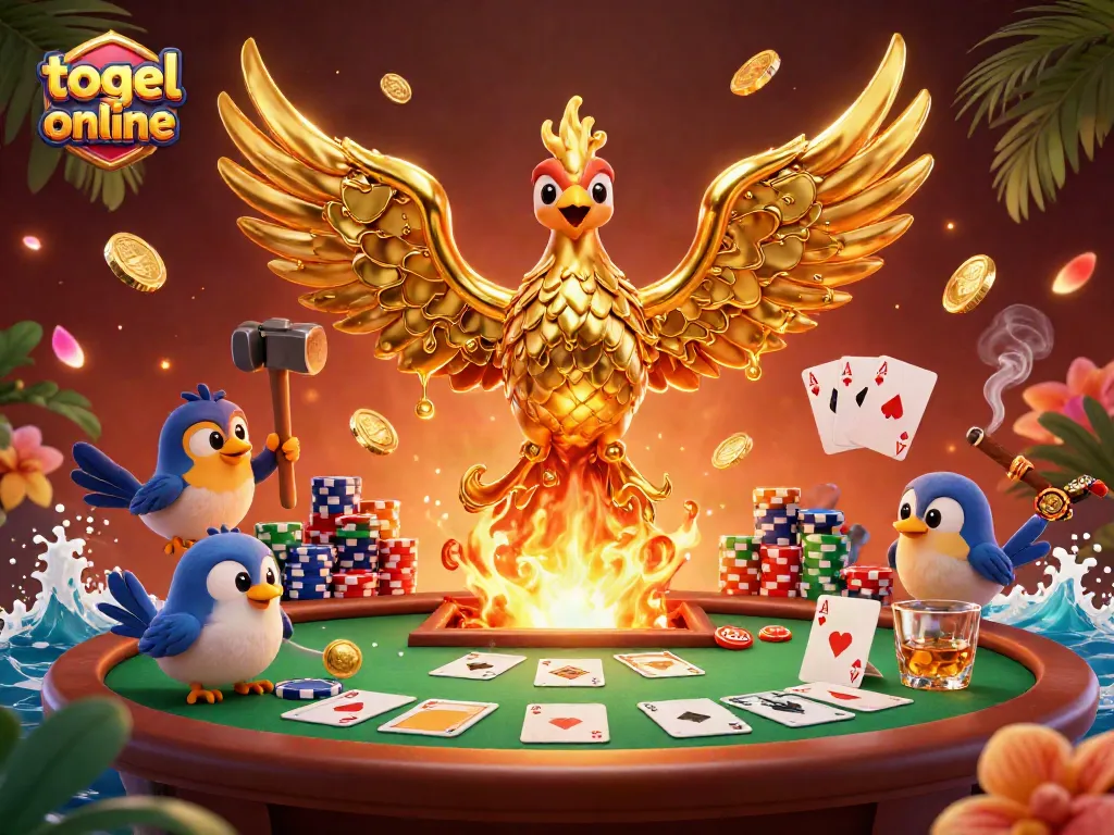 Togel online gaming scene featuring a molten metal phoenix and vibrant poker elements.