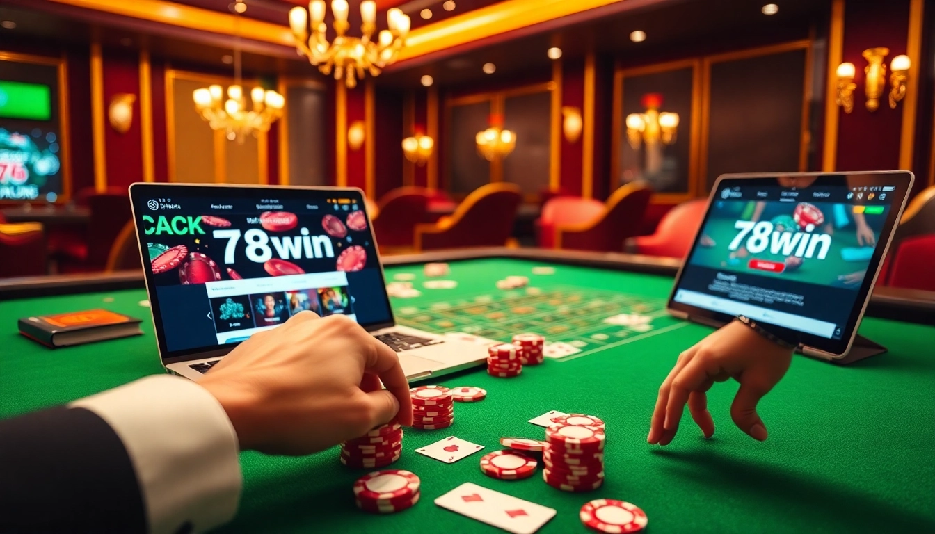 A player excitedly places a bet at https://78win.bot/, showcasing vibrant poker chips and casino cards.