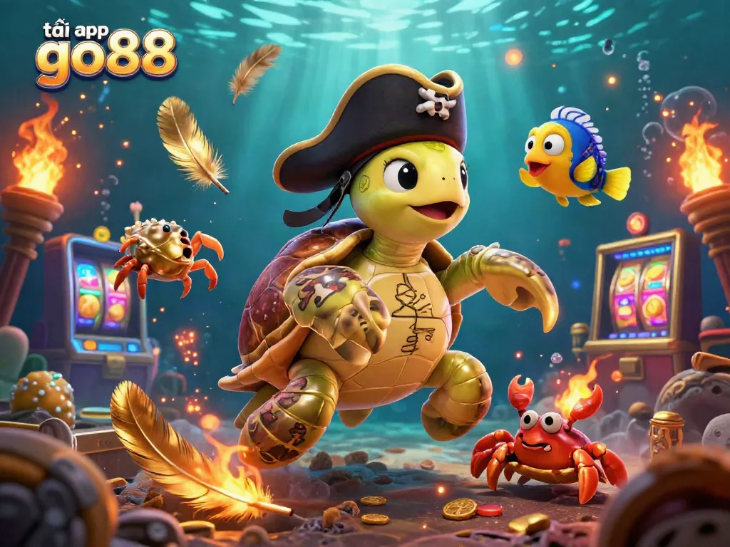 Join the adventure with tải app go88, where the pirate turtle and friends explore a vibrant treasure-filled scene.